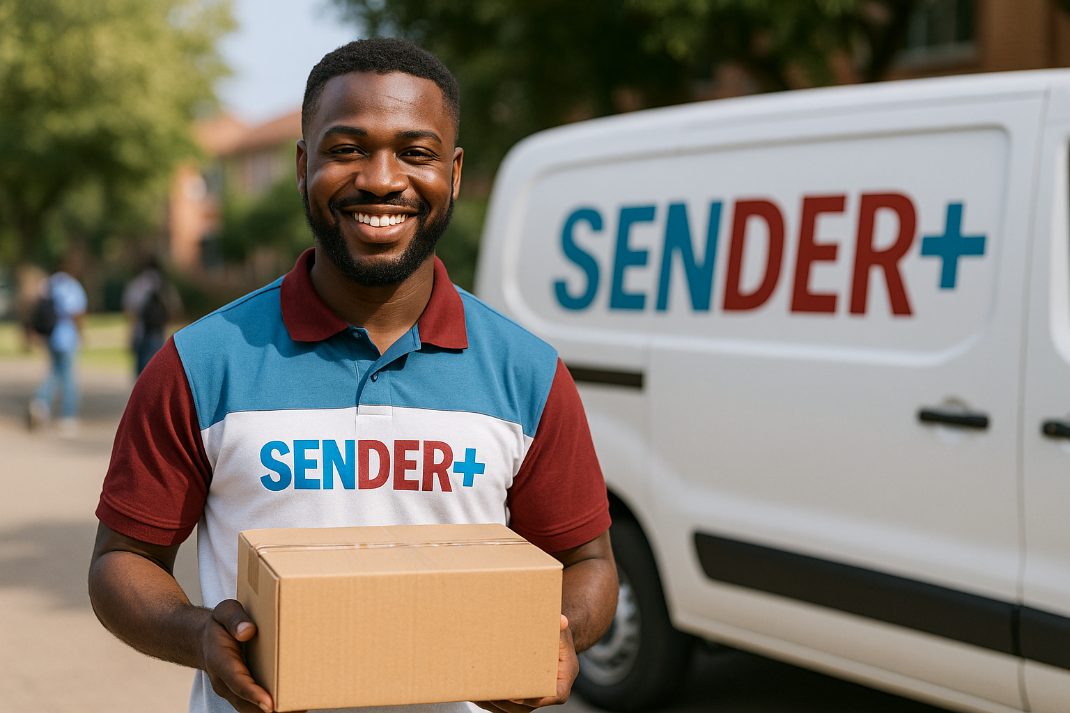 A Sender+ delivery representative holding a package beside a branded delivery vehicle
